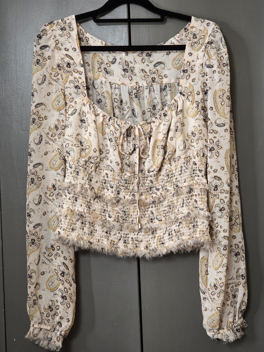 Free People Cream Paisley Smocked Long-Sleeve Cropped Blouse - Picture 2 of 3